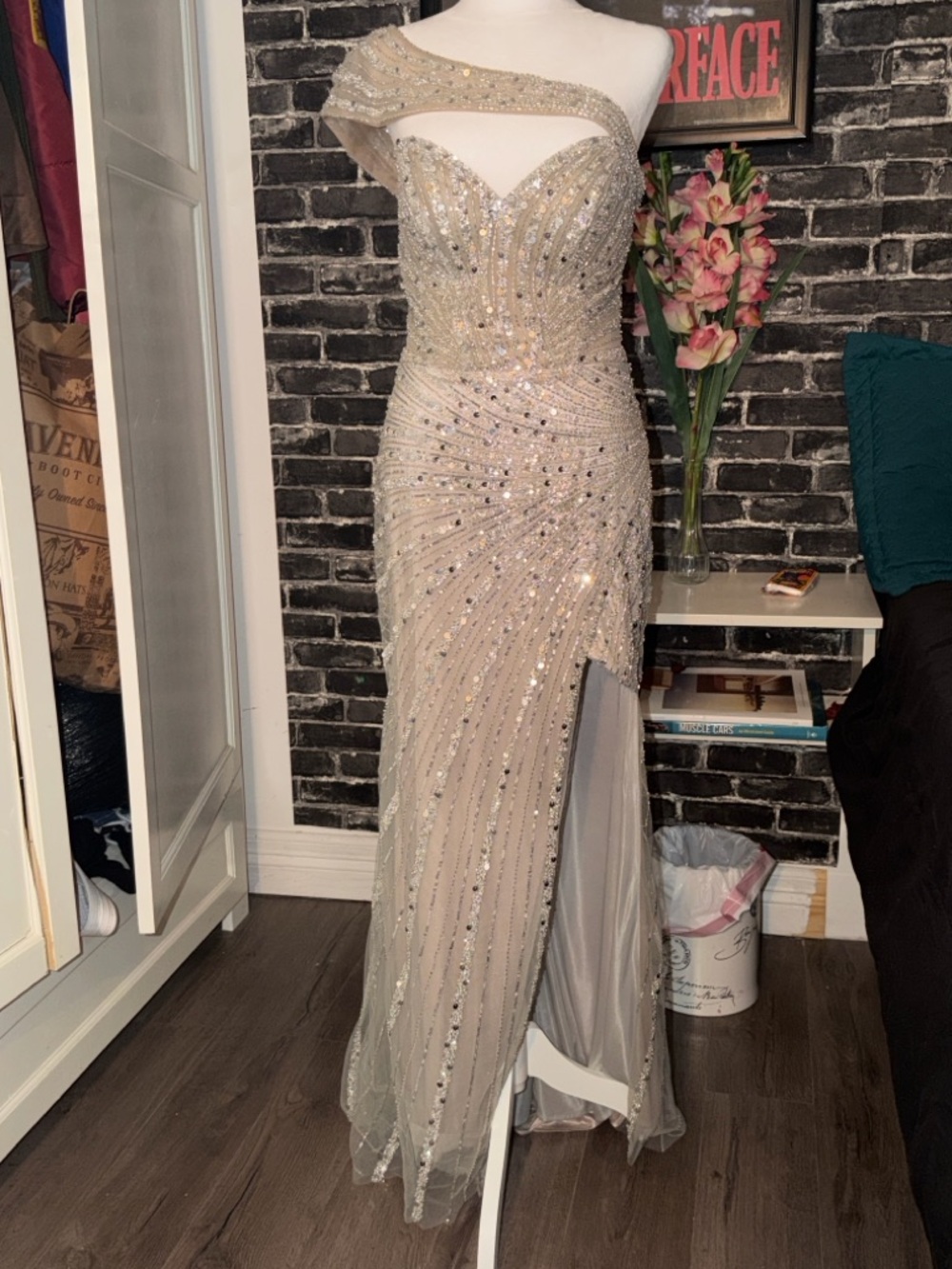Beaded One-Shoulder Champagne Prom Dress